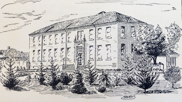 A black and white illustration of the Bannan Alumni House on the grounds of Santa Clara University.