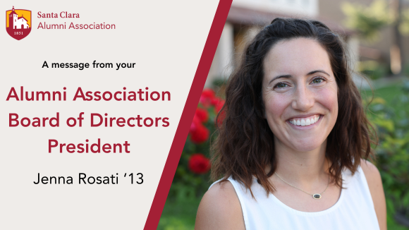 A smiling woman. Overlaid text includes the Santa Clara University Alumni Association logo and the words 