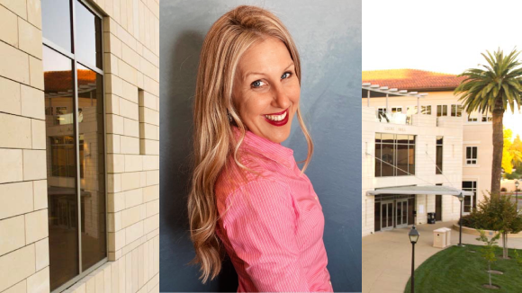 A smiling woman in a pink collared shirt, superimposed over an image of SCU's Lucas Hall