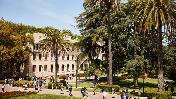 Students walk across the Santa Clara University campus.