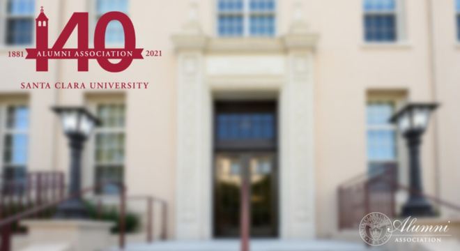 Alumni Association's 140th Anniversary logo and image of building 