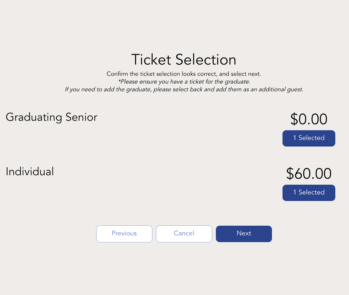An image showing options for selecting your ticket for Grad Bash. Examples include 