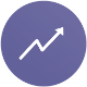 White upward arrow with jagged path on a purple circle.