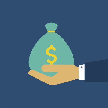 Hand holding a money bag with a dollar sign on it.