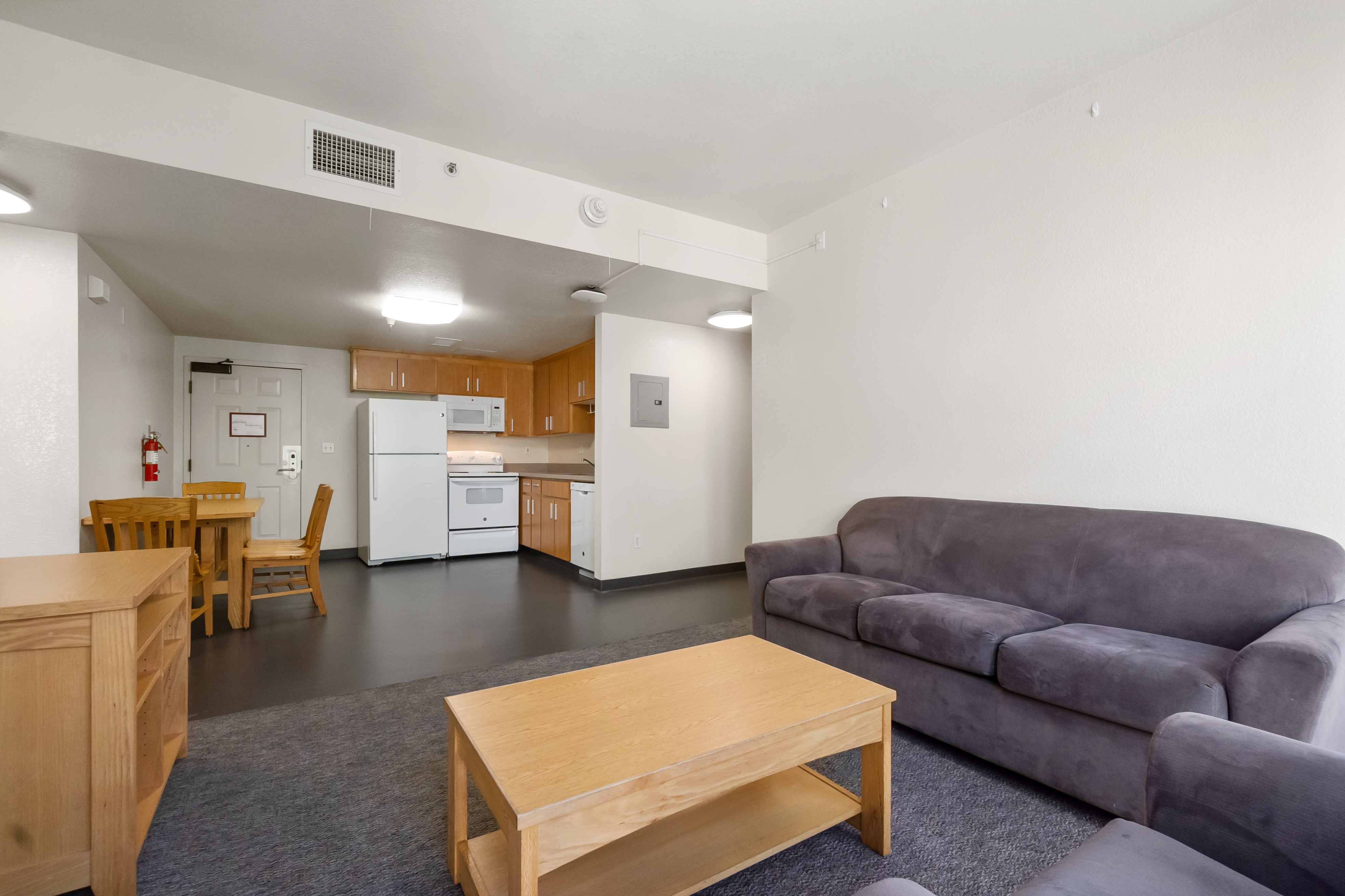 Living room with a sofa, coffee table, and view of a kitchenette.
