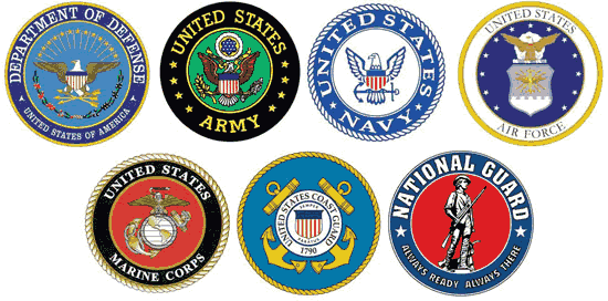 Emblems of seven United States military branches including Army, Navy, Air Force, Marines, and more.