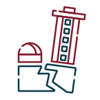 Title: Earthquake

Alt text: Cracked ground, tilted building, and fallen objects illustrating earthquake impact.