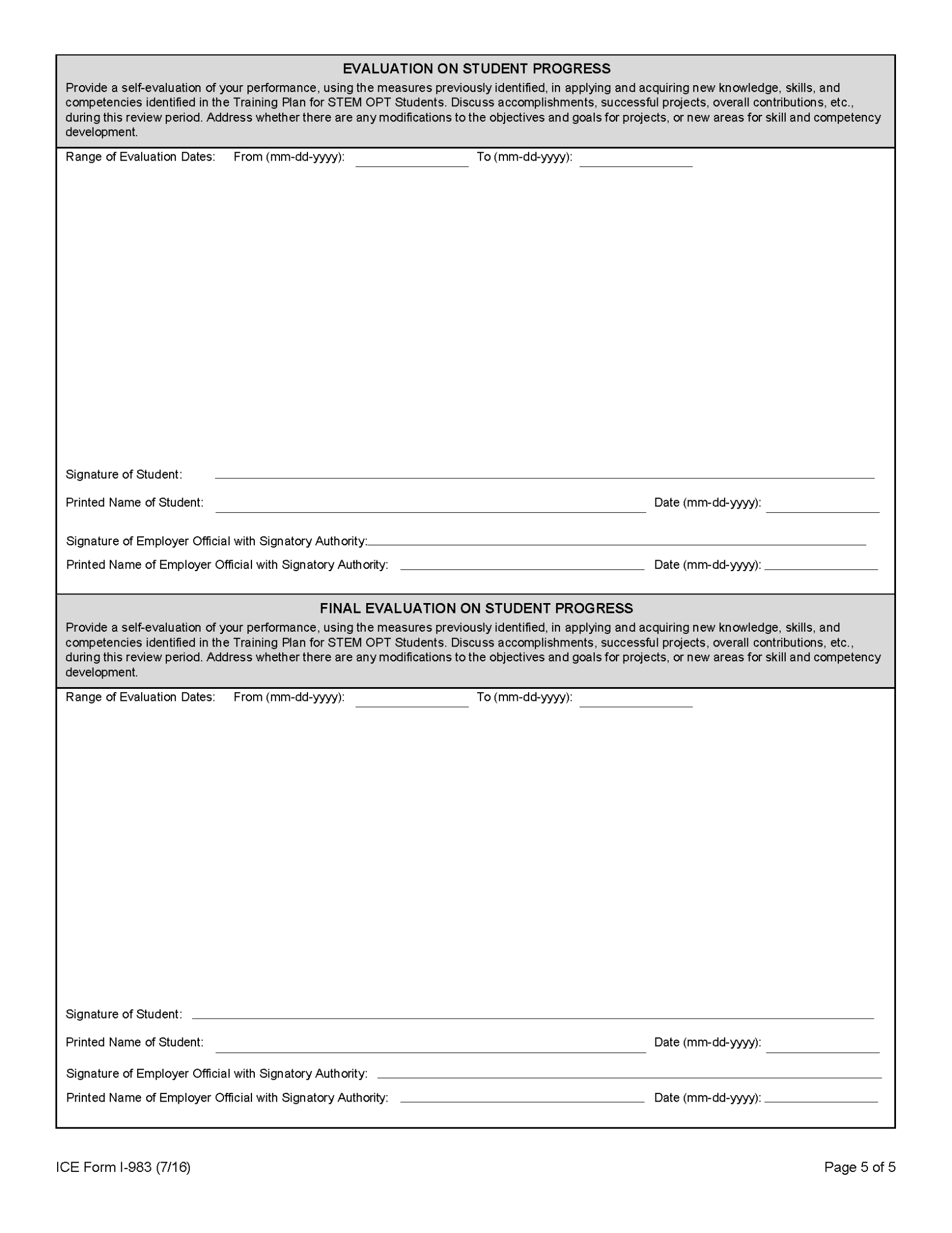 I-983 Training Plan PG 5 for reference, not fillable; Evaluation of Student Progress