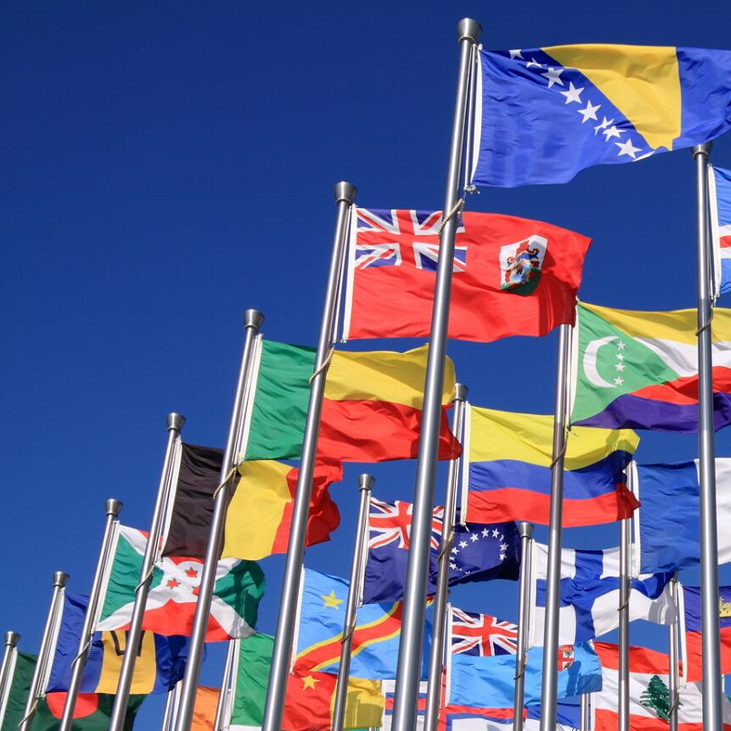 Decorative; collection of world flags on flagpoles