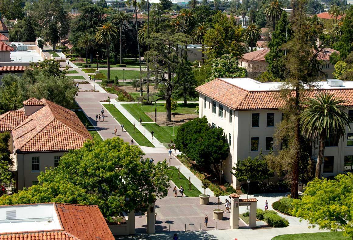 Drone photo of campus buildings from air