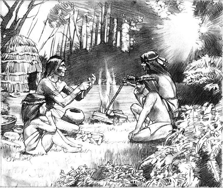 Sketch of Ohlone people sitting and cooking near a fire in a forest.