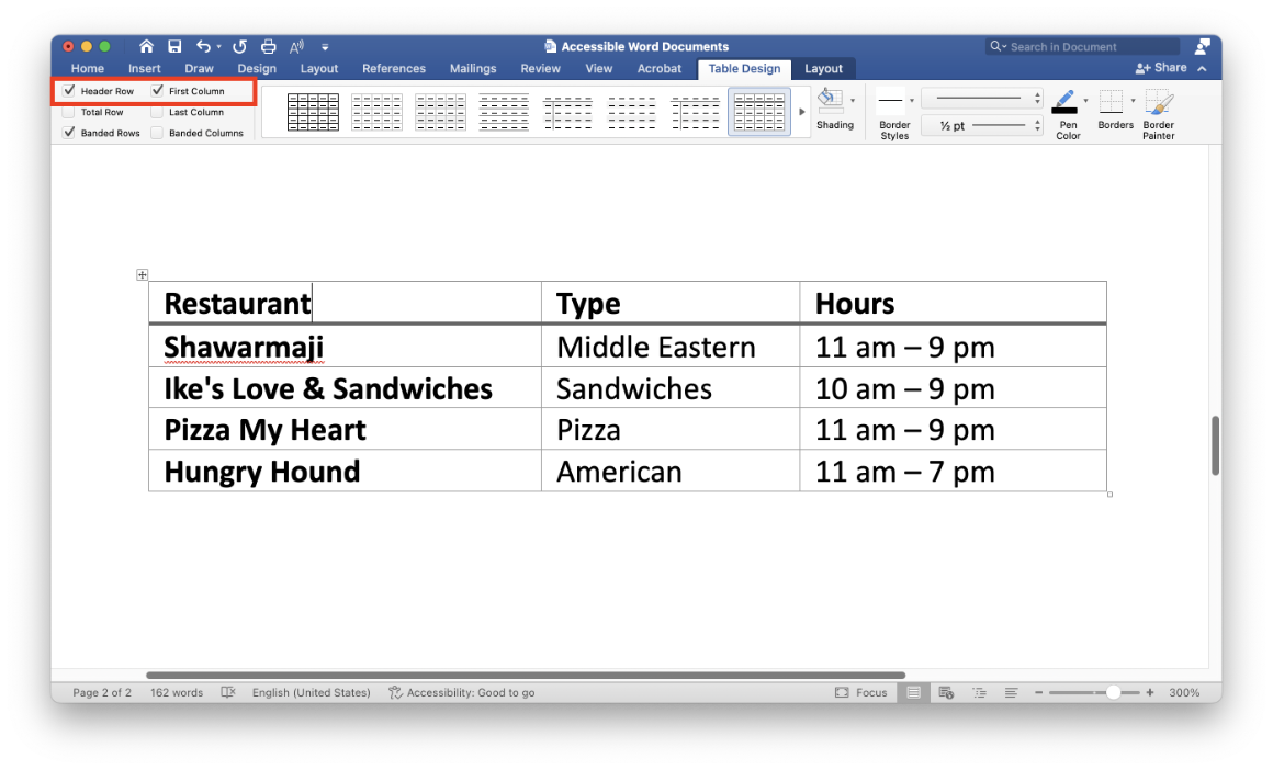 A table listing restaurant types and hours in Microsoft Word. In the Table Design tab, Header Row and First Column are checked. The column and row headers are bolded.