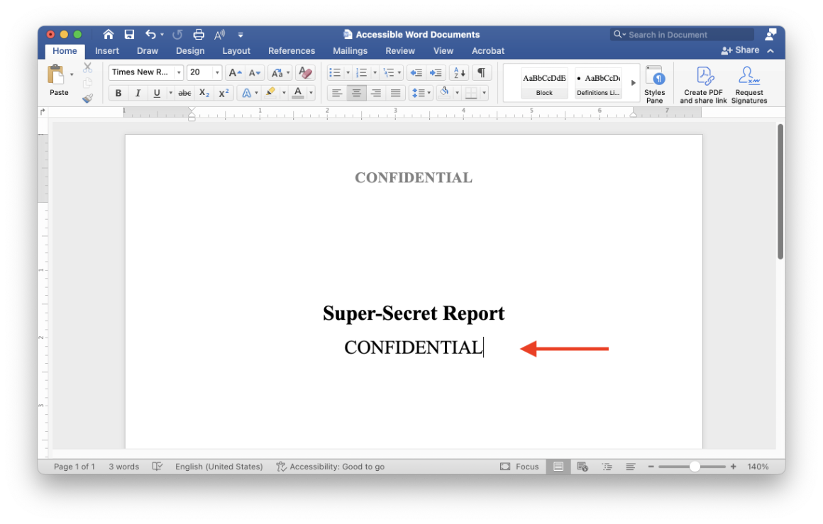 A Word Document with the heading Super-Secret Report. The page header includes the word confidential, and the word confidential also appears in the middle of the page after the heading.