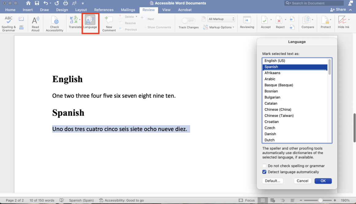 In Microsoft Word, the Language button in the Review tab is highlighted. Also, Spanish language text is highlighted and marked as Spanish in the Language dialog.