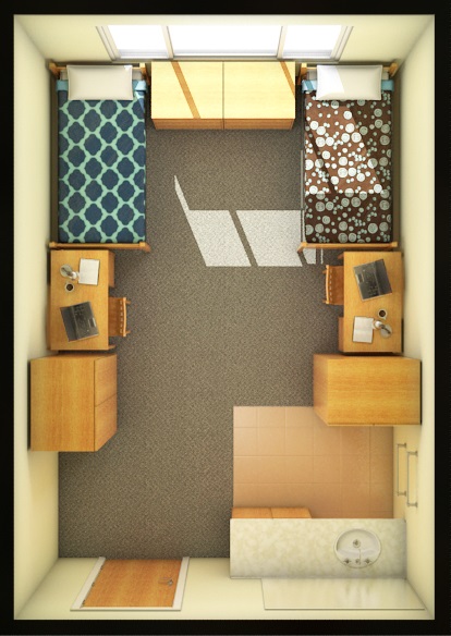 Standard double room layout at Campisi Hall