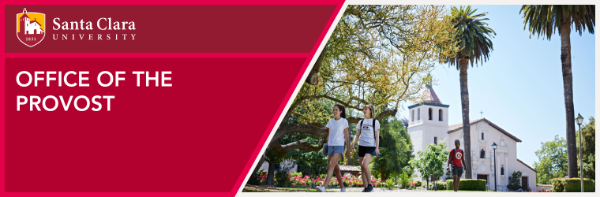 Red panel with Office of the Provost beside picture of students walking in front of SCU Mission Church