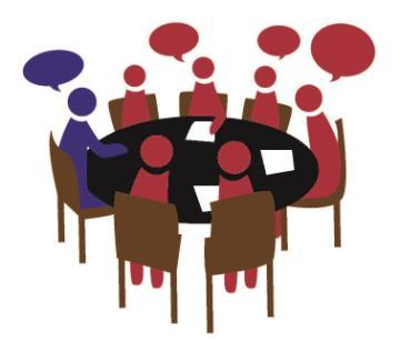 Illustration of people around a table with colored speech bubbles.