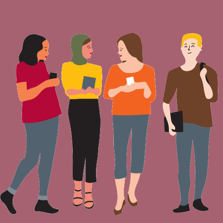 Four people standing and engaging with each other.