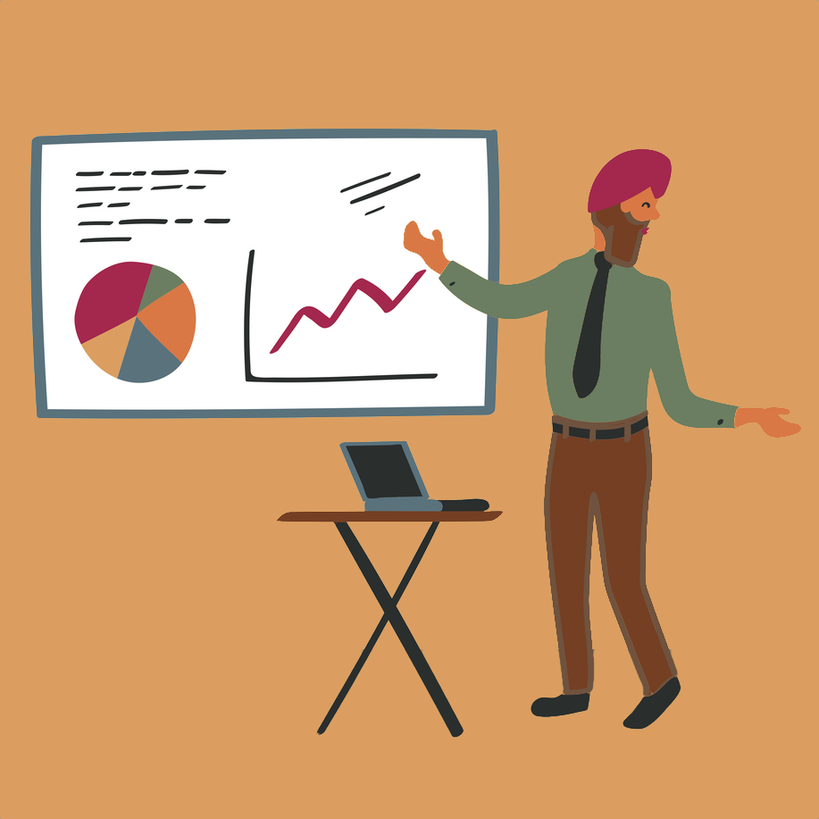 Illustration of a person presenting graphs at a screen.