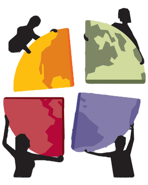 A doodle of four people connecting puzzle pieces of the earth.