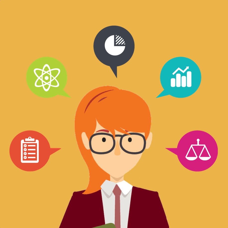 Drawing of a female with multiple thought bubbles around her head.