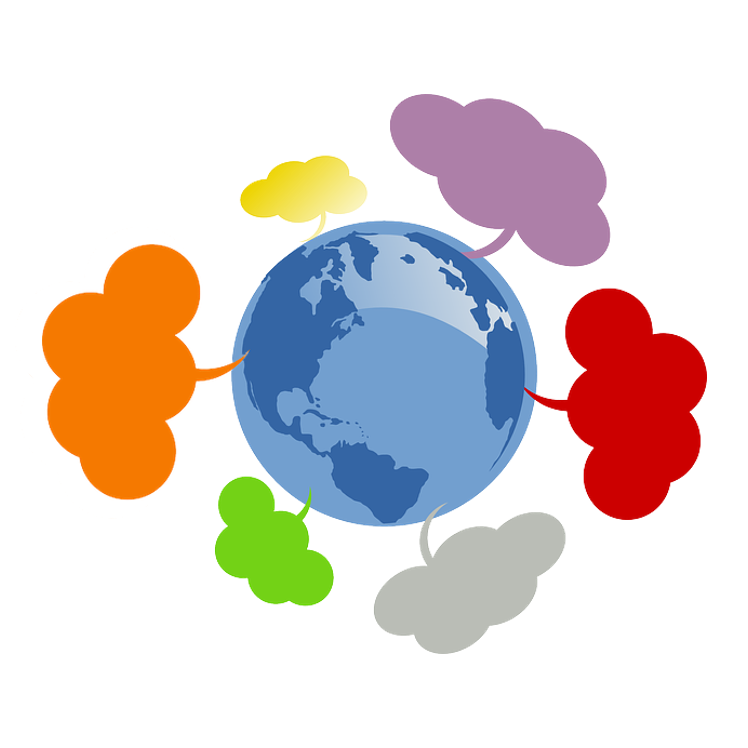 Illustration of the earth surrounded by multi-colored thought bubbles.