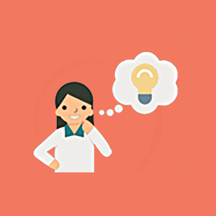 Cartoon of girl with thinking bubble containing a lightbulb.