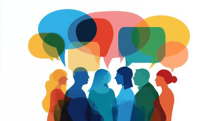 colorful, overlapped silhouettes with speech bubbles