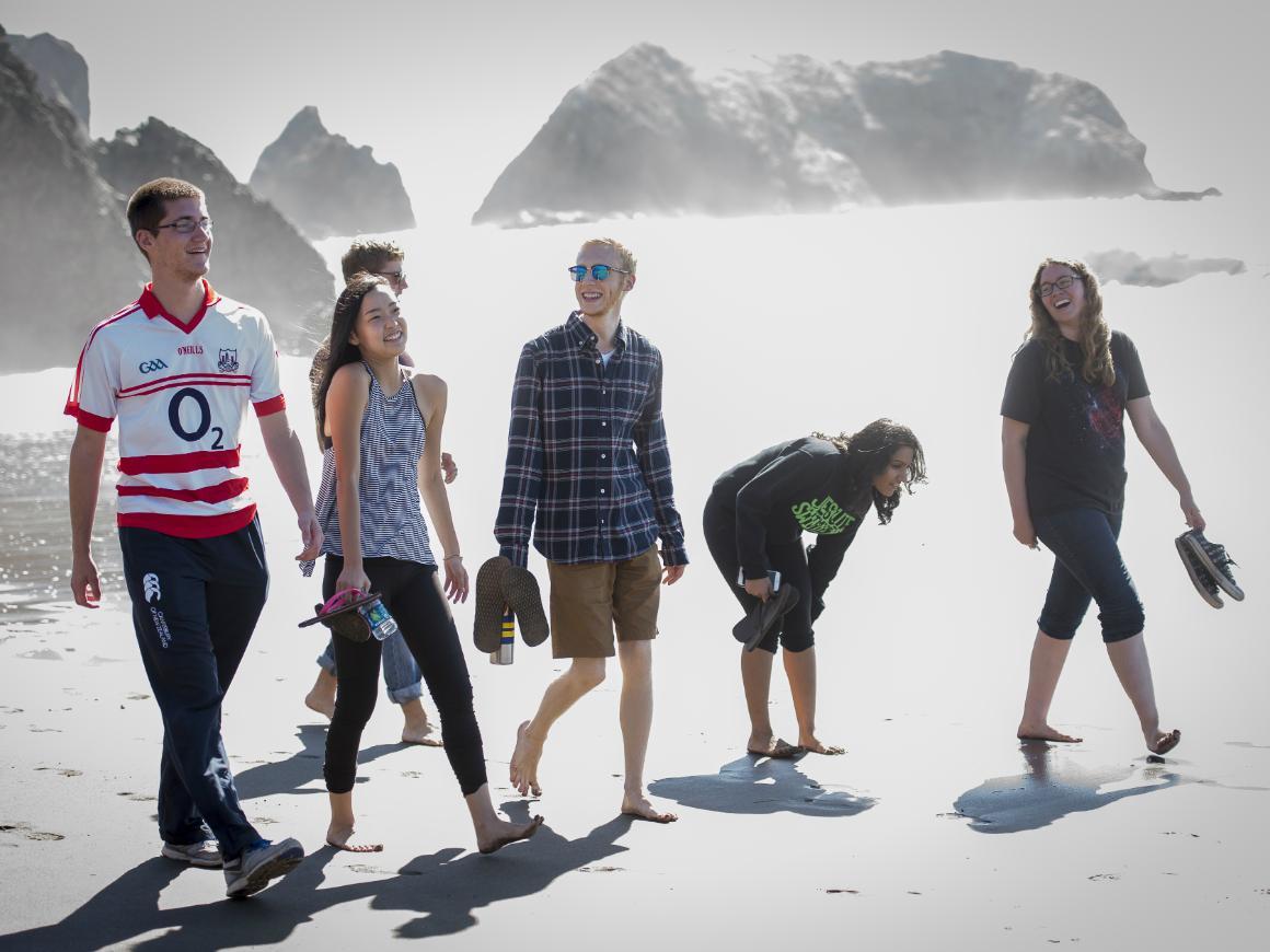 Five people walking on a snowy terrain.