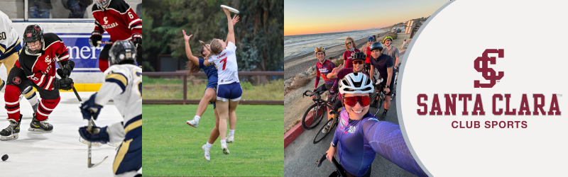 Image of men's ice hockey, women's ultimate, and triathlon with the club sports logo