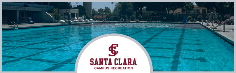 Photo of the pool with a half circle and the Campus Recreation logo