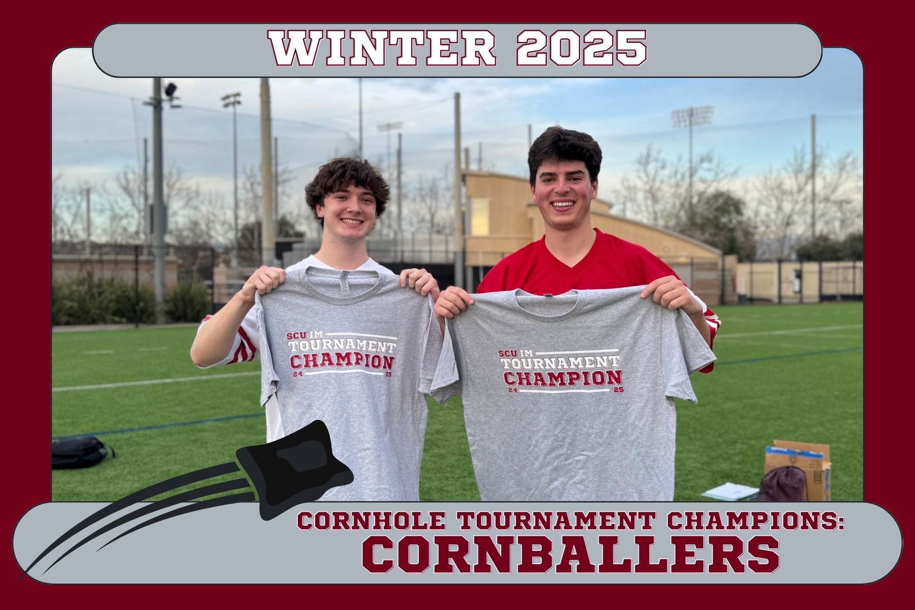 Picture of IM Cornhole Tournament Champions, Cornballers, posing on Bellomy Field with their championship t-shirts.