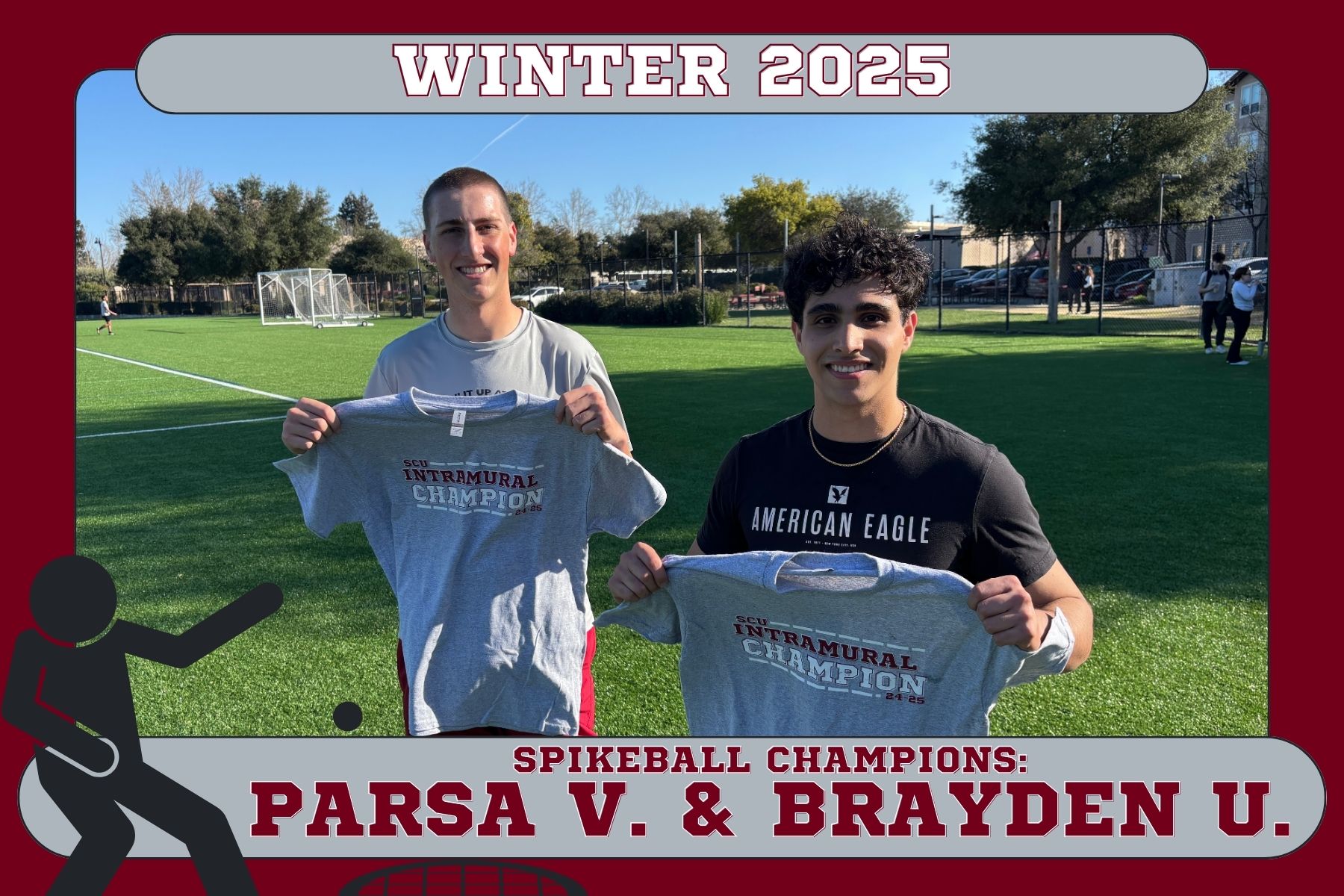 Photo of Parsa and  Brayden, posing on Bellomy Field with their IM Champion T-Shirts.