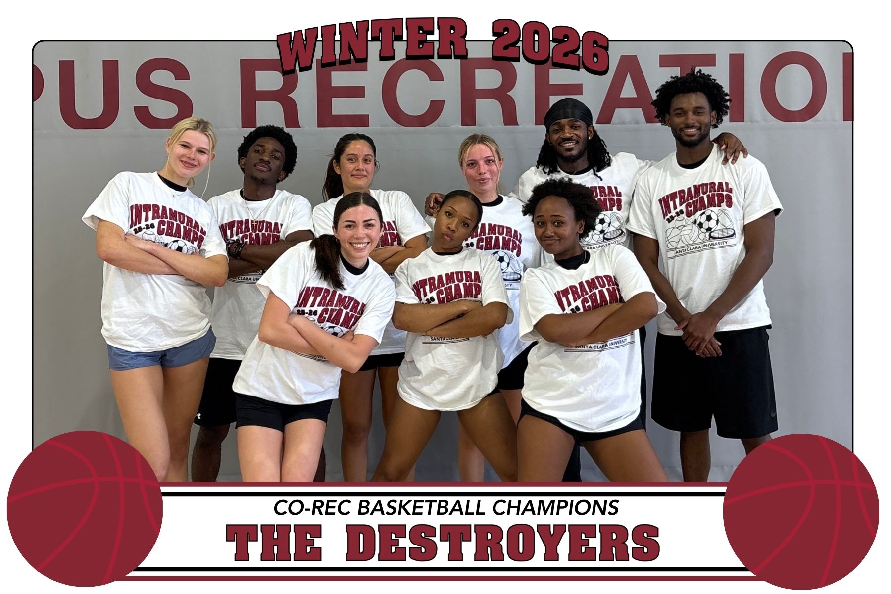 Photo of IM Basketball champs, The Destroyers, posing in Malley with their championship t-shirts.