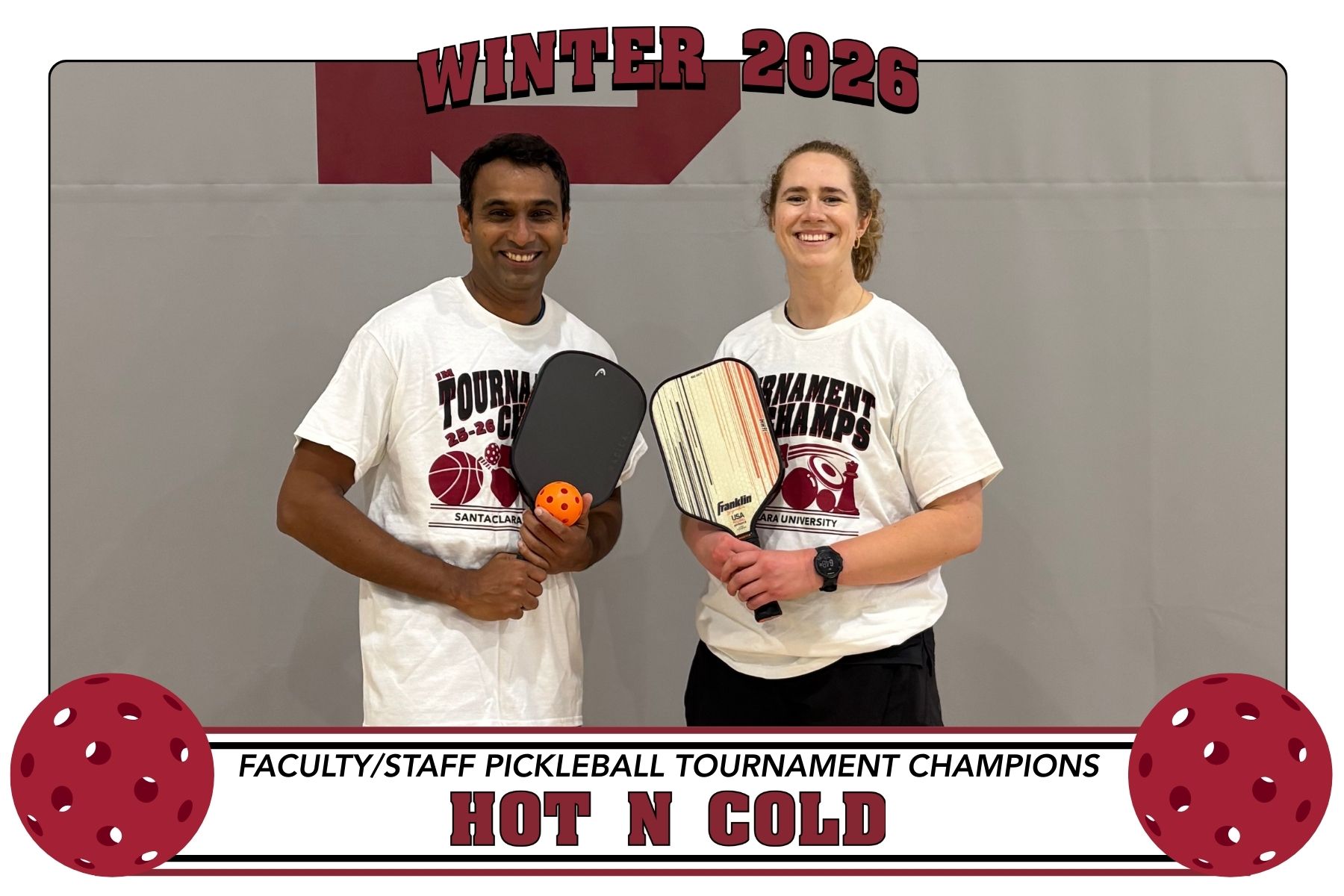 Photo of Faculty/Staff pickleball tournament champs, Hot N Cold, posing in Malley with their championship t-shirts.