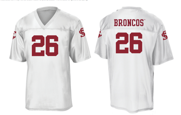 image of a white football jersey with the text Broncos and number 26
