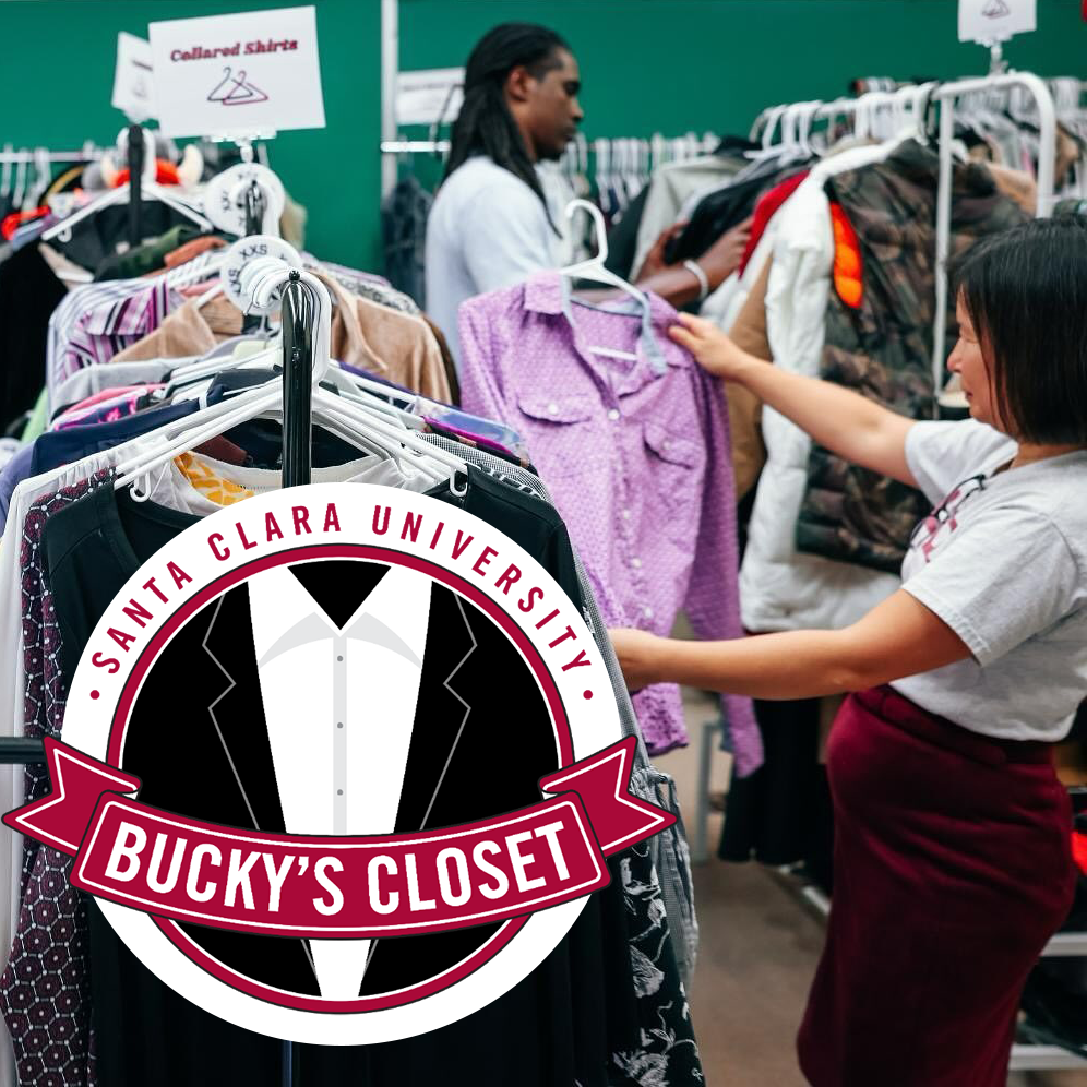 Two people shopping in Bucky's Closet Thrift Store, with the Bucky's Closet logo in the lower left.