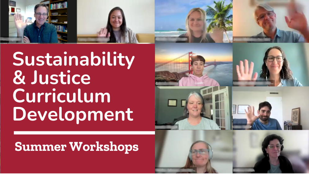 Graphic showing a zoom screen with the text Sustainability and Justice Across the Curriculum Development Summer Workshops.
