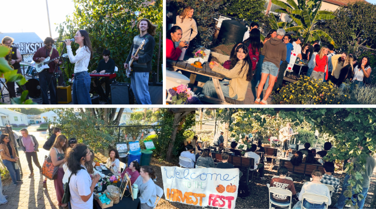 Collage of Harvest Fest 2025 with a students watching a band play band, students gathered at a table, and students checking in to the event