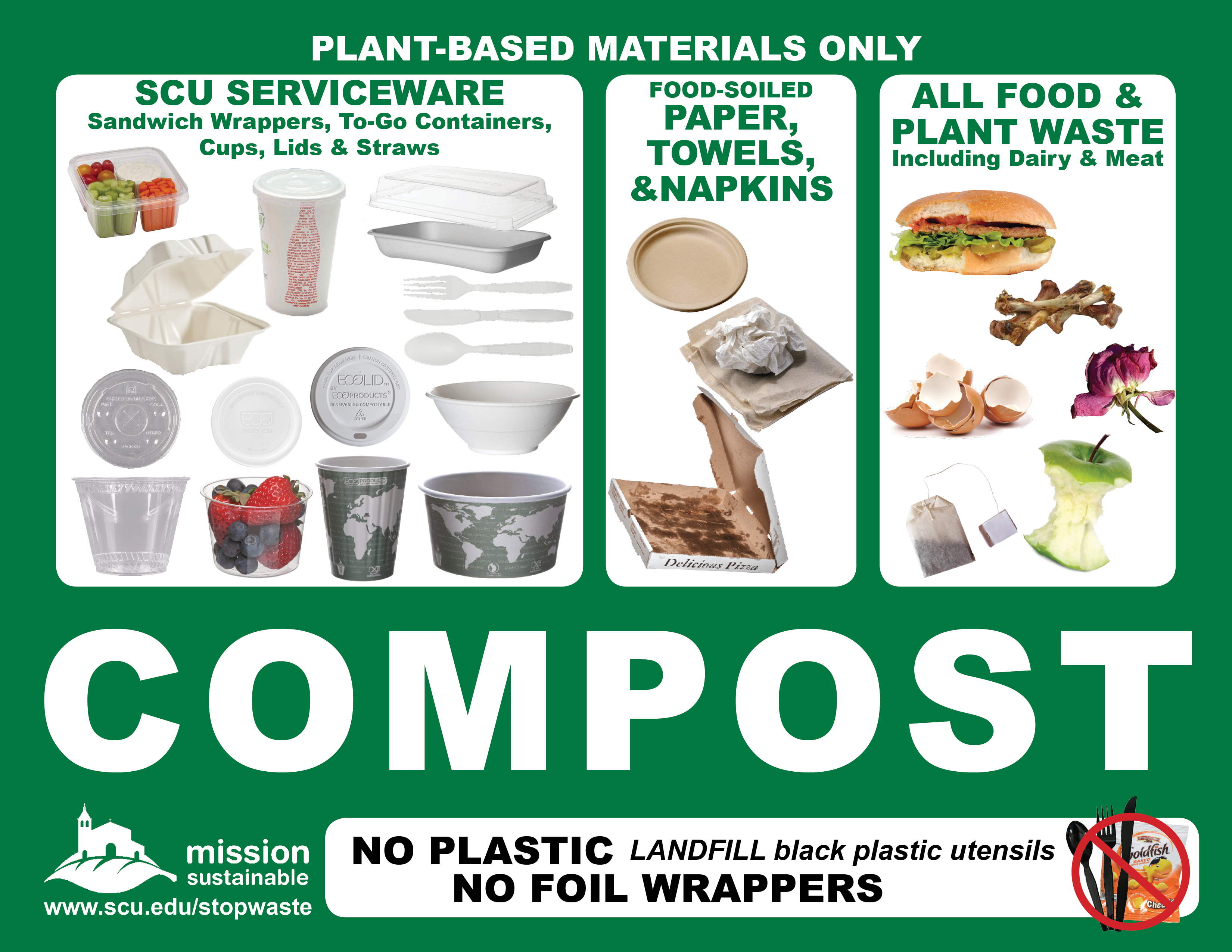 Sign showing food, SCU serviceware, and napkins that can be composted
