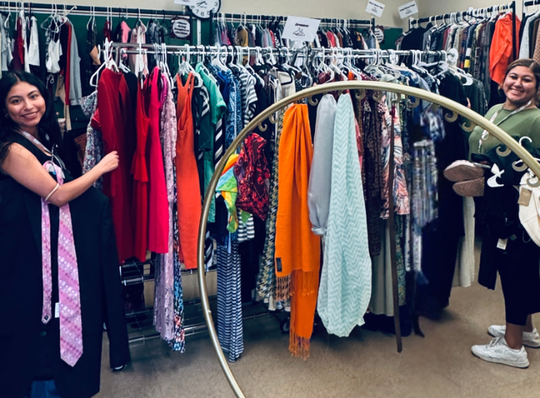 Two students shopping at Bucky's Closet 
