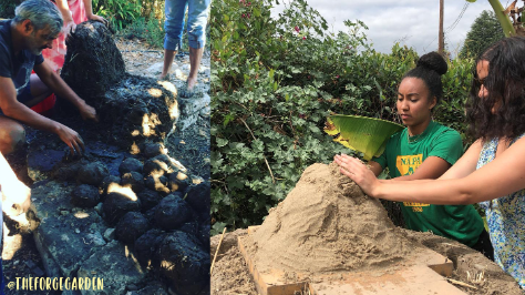 students forming cob mud into a pizza oven