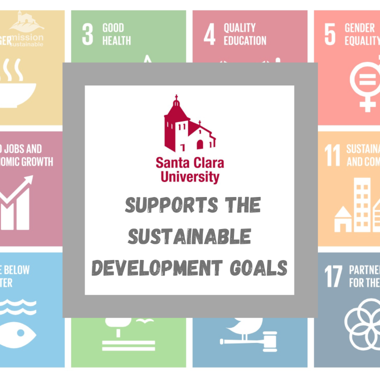 SCU Seal and UN SDGs background: Santa Clara University supports the Sustainable Development Goals image link to story