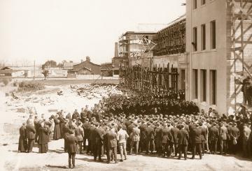 A large crowd gathered for Kenna Hall cornerstone laying ceremony, 1924.