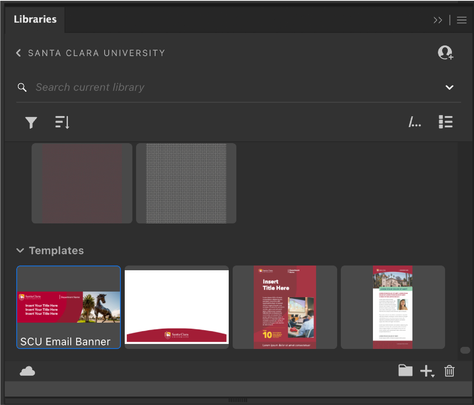 a screenshot of Adobe Library with SCU templates