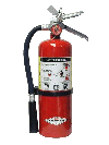 Alt text: Red ABC fire extinguisher with a black hose and instructions visible.