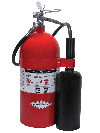 Alt text: Red carbon dioxide fire extinguisher with black nozzle.