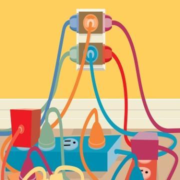 Multiple overlapped electrical cords connected to several outlets possibly indicating a safety hazard.