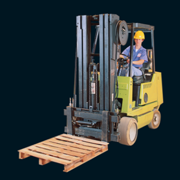 Alt text: Person operating forklift with wooden pallet.