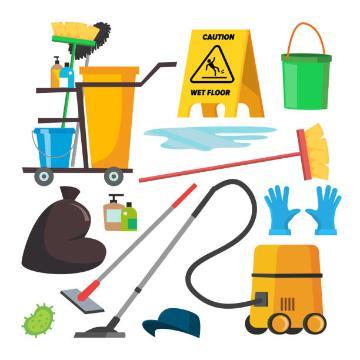 Illustration of various custodial cleaning supplies, including a mop, vacuum, gloves, and caution sign.